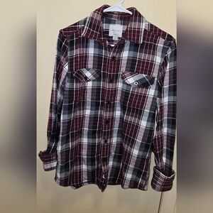 American Eagle Outfitters Burgundy and Black Plaid Shirt